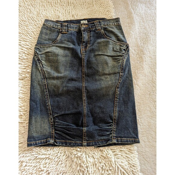 Vintage Cache Ruched Knee Length Denim Jean Skirt Sz 0 - Picture 5 of 13